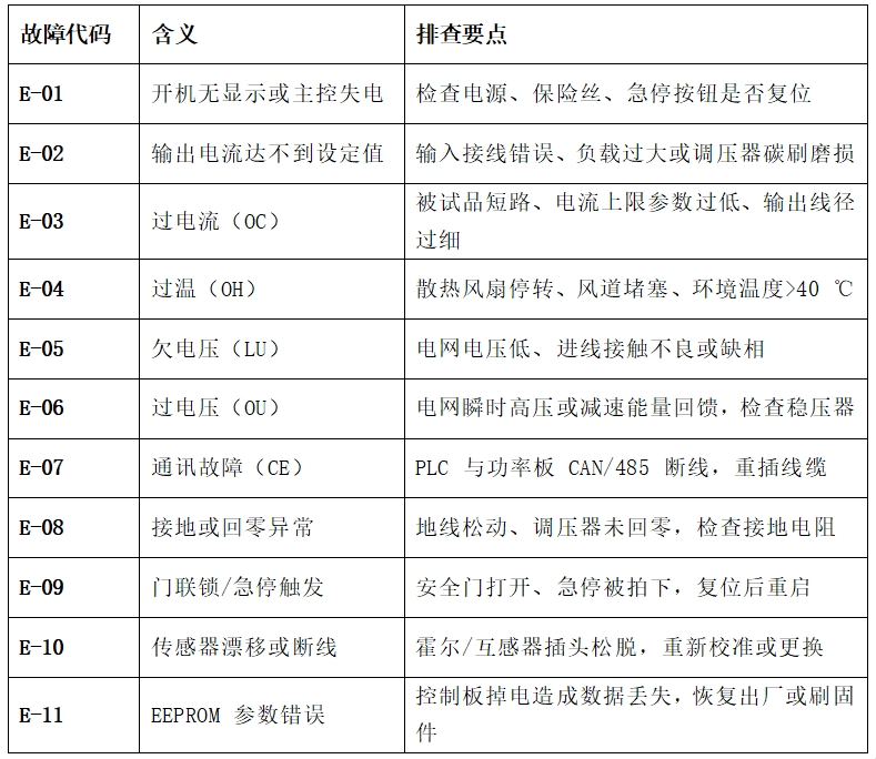 大电流发生器的故障代码含义